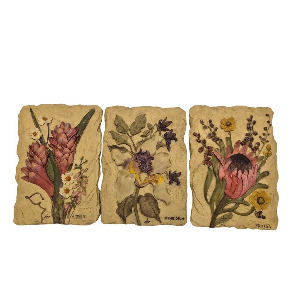 Vintage Cheri Blum 3D Floral Wall Plaques Set of 3 Resin Botanical Art Tiles